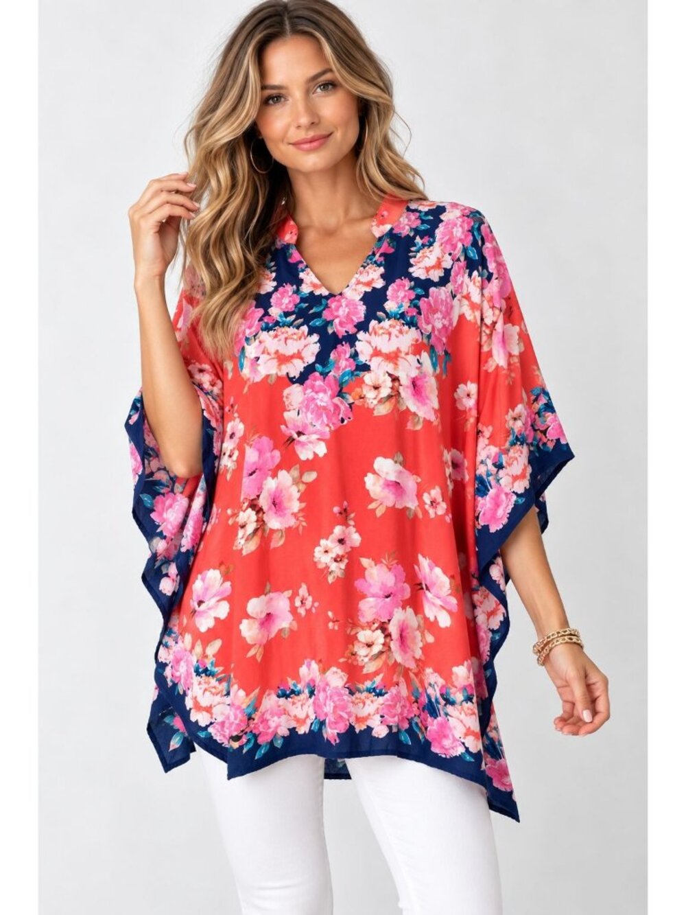 Tolani Collection Floral Kaftan Tunic Coral Navy Modal Large